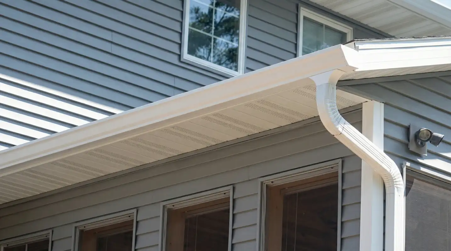 Professional home remodeling project showing newly installed white seamless gutters and downspouts on a house with gray siding in Fort Lauderdale, FL