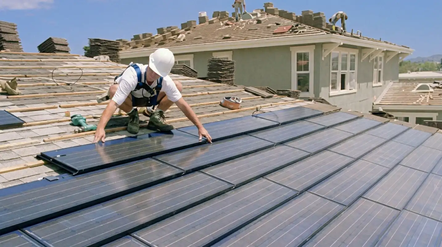 Roof replacement expert installing modern solar shingles on a residential home in Fort Lauderdale, FL