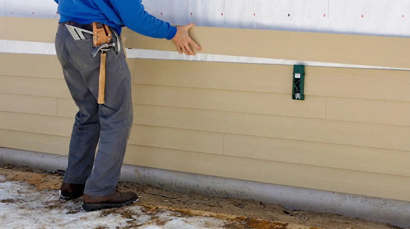 Siding replacement expert carefully aligning a new tan siding panel onto a residential exterior wall in Fort Lauderdale, FL