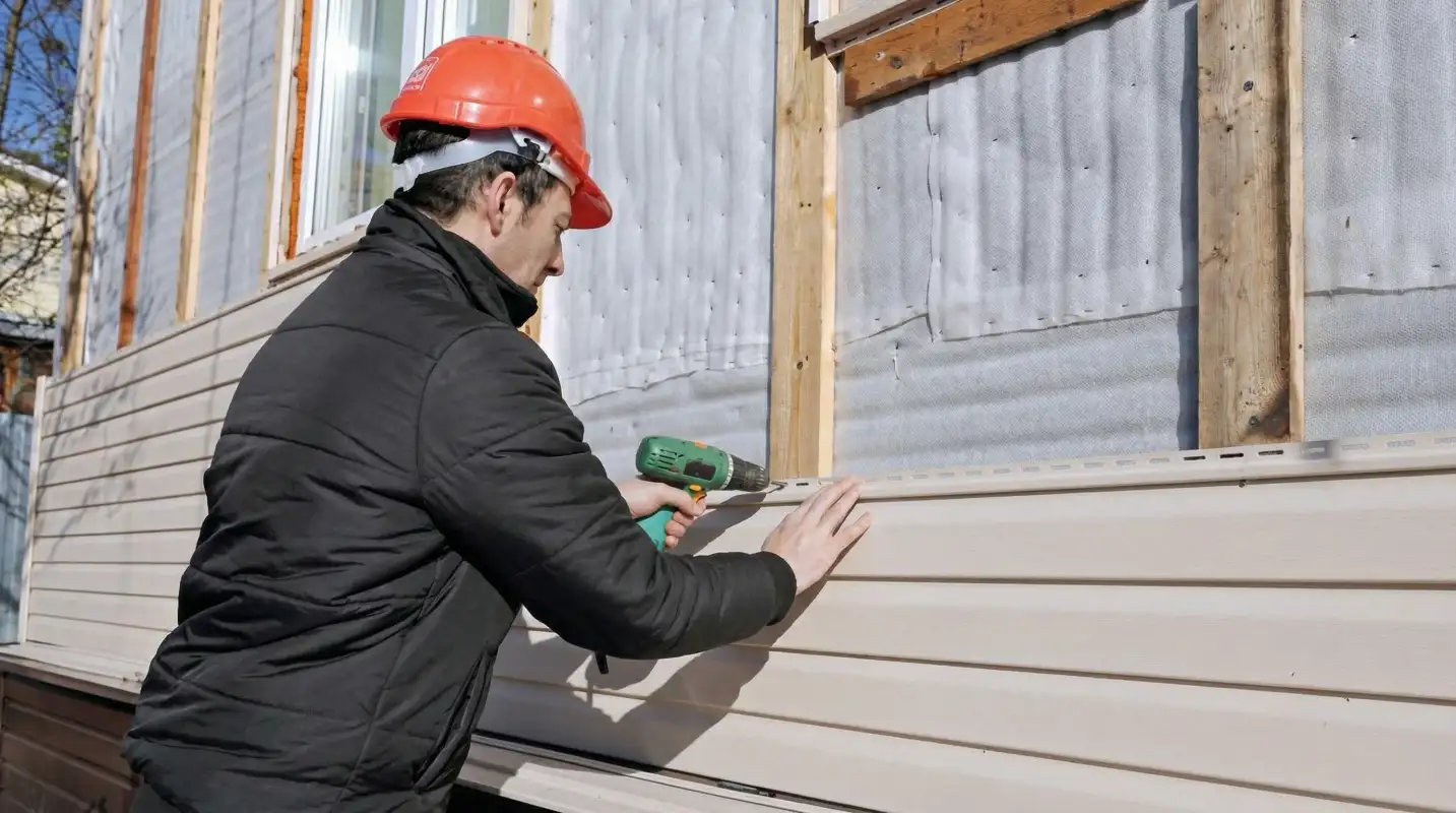 Siding replacement professional using a power drill to install new tan vinyl siding on a home exterior in Fort Lauderdale, FL