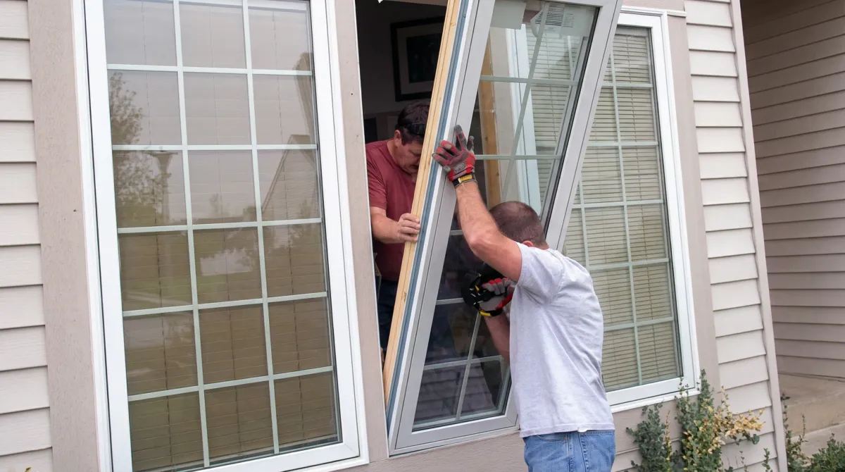 Professional home remodeling team installing a large replacement window on a house with tan siding in Fort Lauderdale, FL