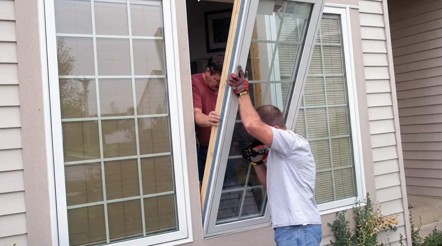 Professional home remodeling team installing a large replacement window on a house with tan siding in Fort Lauderdale, FL